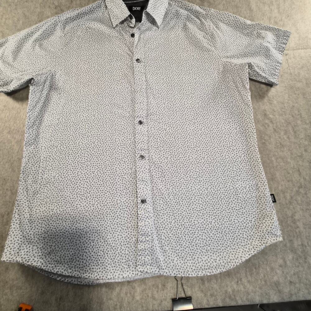 DKNY MENS WHITE W GREY LOGO PRINT BUTTON-UP SHORT SLEEVE SHIRT XL - Picture 10 of 10